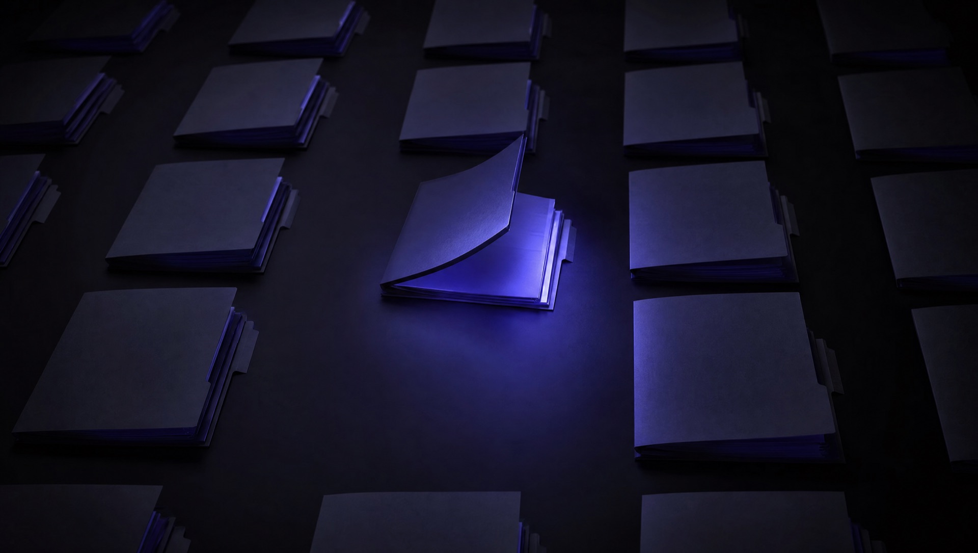 Rows of dark dossier folders in a grid, one open and glowing indigo